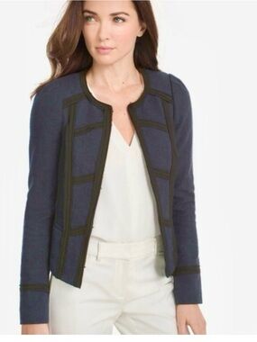 NWT WHBM Tweed Crop Jacket Navy Blue Black Trim Career Blazer Size 2